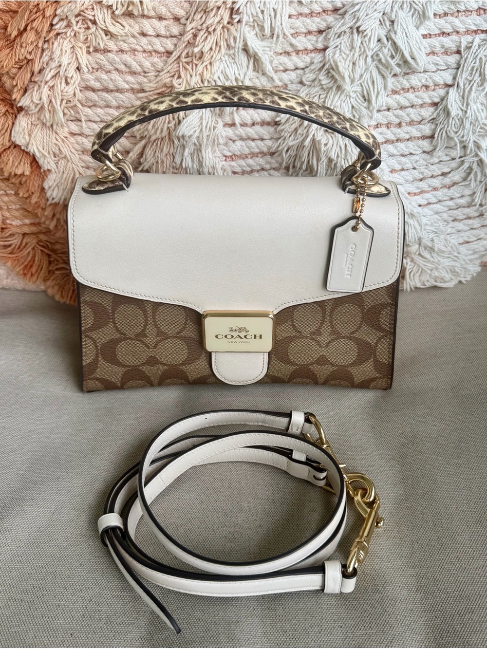 Coach Brown Signature Canvas Satchel with Snake Print
